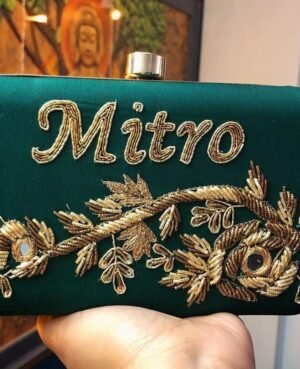 Customized embroidered bottle green silk clutch