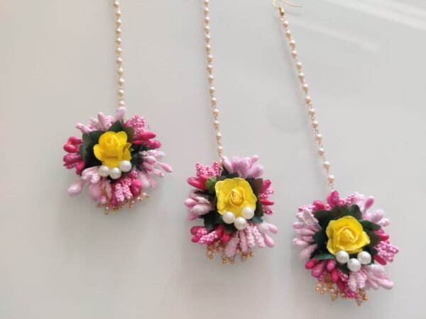 Buy set of 12 yellow and pink flower mangtika for haldi