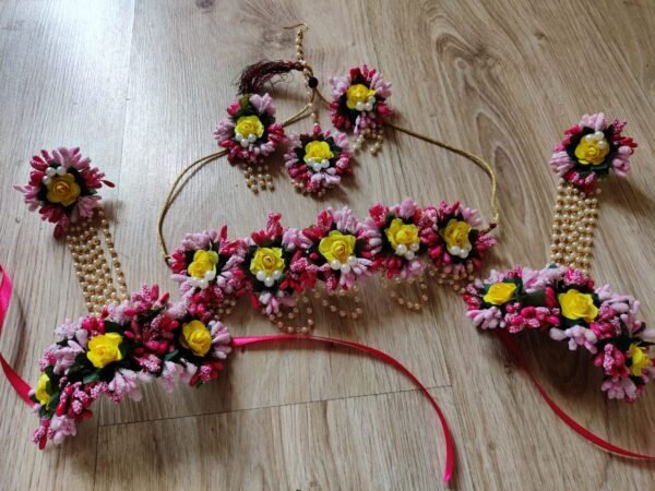 pink and yellow flower jewellery set for haldi for bridal