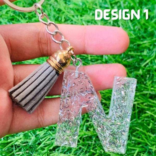 N transparent Glitter Resin Initial Letter A-Z Keychain with Tassel