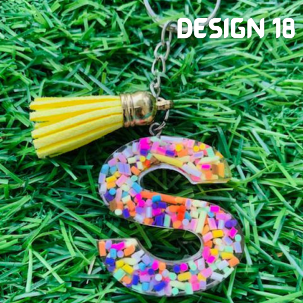 S multi Glitter Resin Initial Letter A-Z Keychain with Tassel