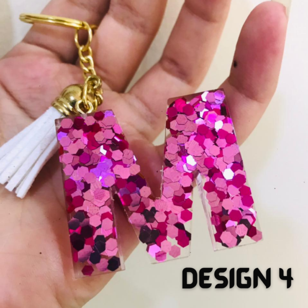 M Pink Glitter Resin Initial Letter A-Z Keychain with Tassel