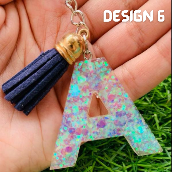 A Green Glitter Resin Initial Letter A-Z Keychain with Tassel