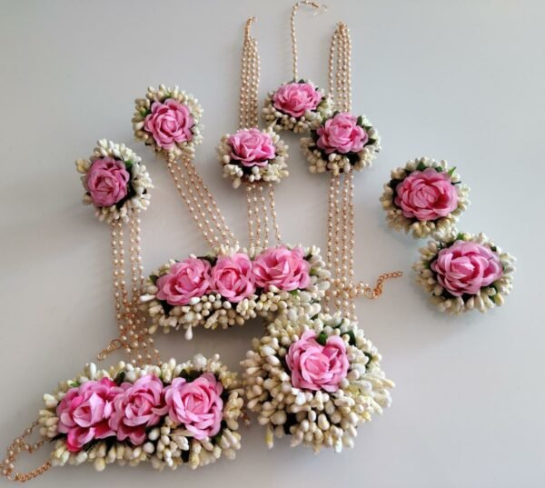 Pink flower jewellery set for haldi for bridal