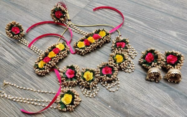 buy customized pink and yellow flower jewellery with jhumkhi earrings