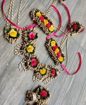 buy customized pink and yellow flower jewellery with jhumkhi earrings