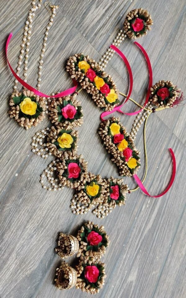 buy customized pink and yellow flower jewellery with jhumkhi earrings