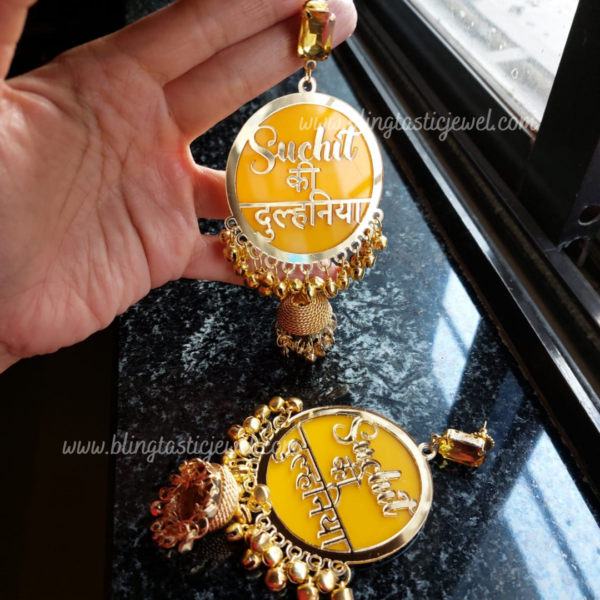 yellow customized dulhaniya earrings with stone and jhumkhi