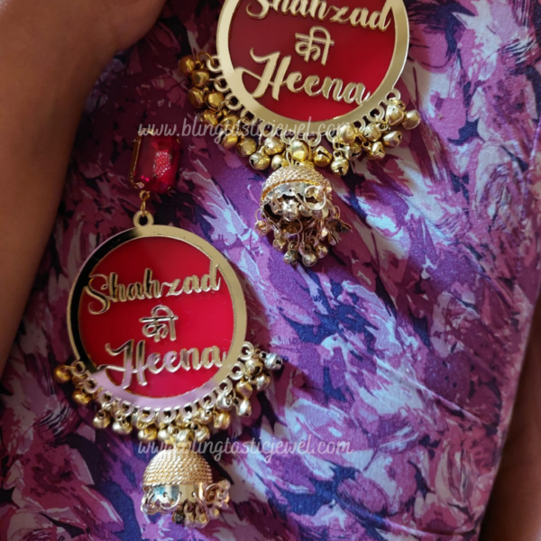 Red customized dulhaniya earrings with stone and jhumkhi