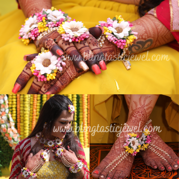 white sunflower with yellow and pink flower jewellery for haldi