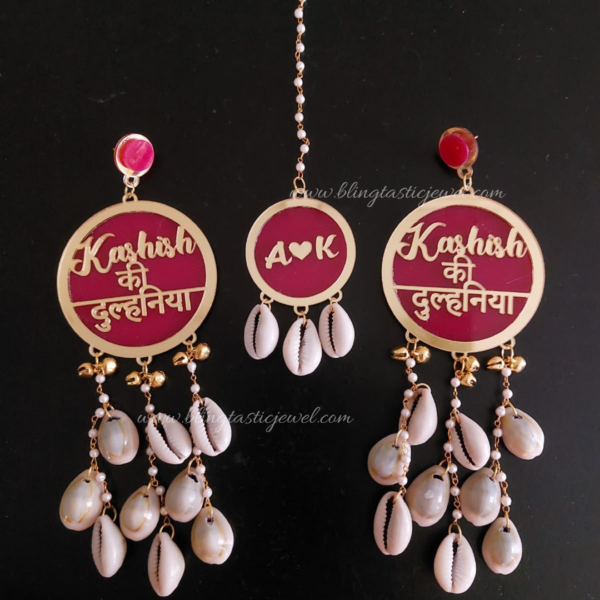 customised shell dulhnia earrings with shell mangtikka