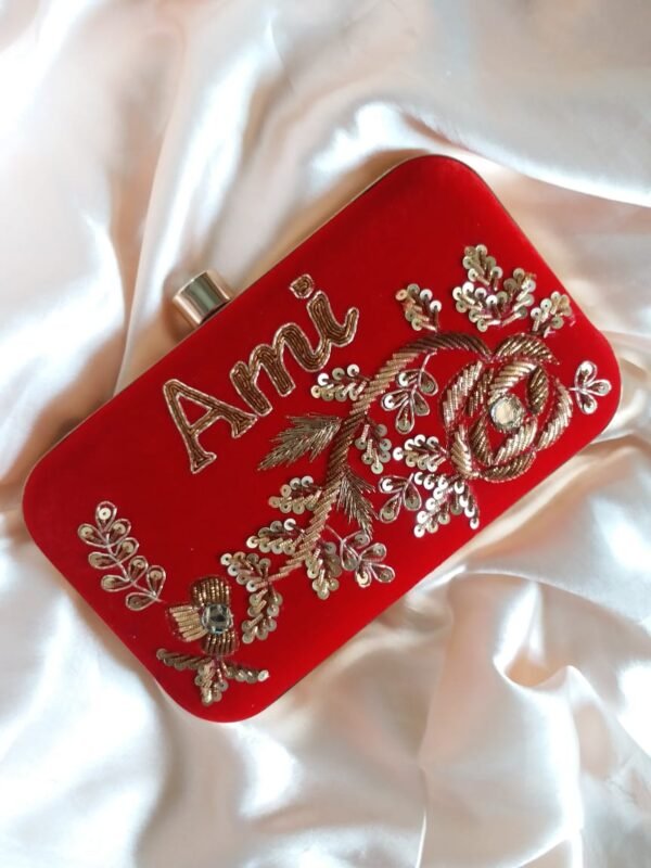 Customized red embroidery name clutch