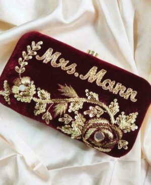 Customized maroon embroidery name clutch